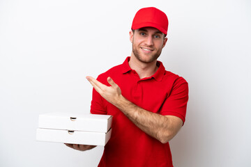 Pizza delivery caucasian man with work uniform picking up pizza boxes isolated on white background...