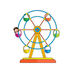 Ferris wheel and girl in motion. Vector illustration.