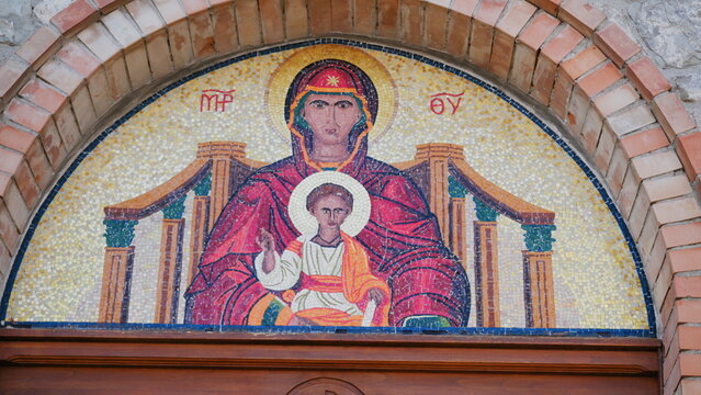 Greek icon of the Virgin at the entrance to the church