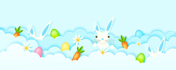 Fototapeta na wymiar Illustration on the theme of the holiday Easter - clouds, eggs, carrots, rabbit, paper cut style