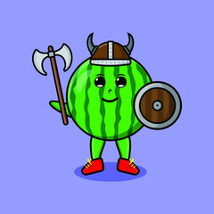 Cute cartoon character Watermelon viking pirate with hat and holding ax and shield in modern design 