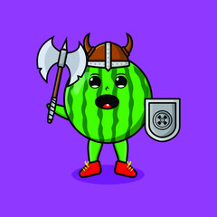Obraz premium Cute cartoon character Watermelon viking pirate with hat and holding ax and shield in modern design 