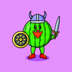 Cute cartoon character Watermelon viking pirate with hat and holding sword and shield in cute modern style design