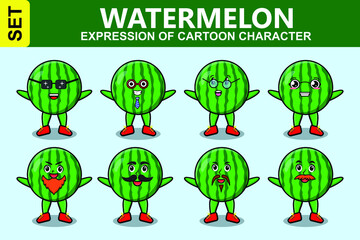 Set kawaii watermelon cartoon character with different expressions of cartoon face vector illustrations