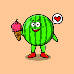 Cute Cartoon watermelon character holding ice cream cone