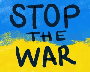 Peace message symbol. Using the colors of Ukraine. Words: Stop the war.