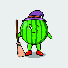 Cute cartoon witch shaped watermelon character with hat and broomstick