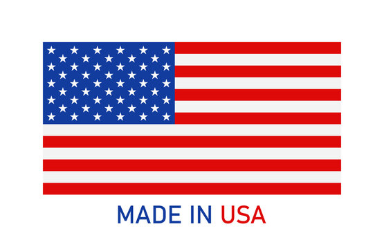 Made in usa. Icon of flag of america for badge, logo of product. American stamp, banner, label and sticker of manufactured product. Original emblem of quality, authentic of us. National tag. Vector