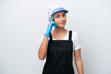 Fishwife woman isolated on white background thinking an idea