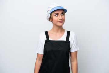 Fishwife woman isolated on white background looking to the side and smiling