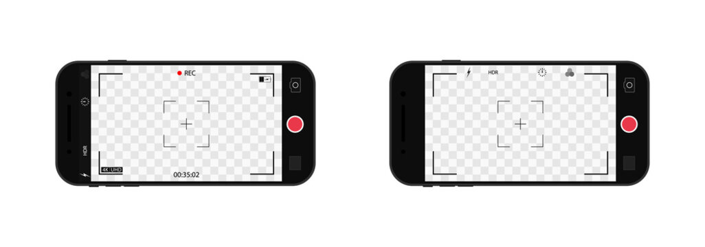 Video and photo camera in phone. Screen with interface of app for shot photo, record video. Horizontal mockup of smartphone with camera and ui. Icons of viewfinder, flash, focus, zoom. Vector