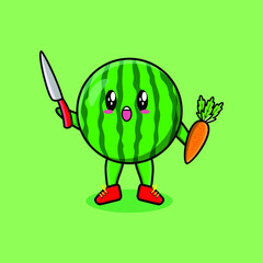 Cute cartoon watermelon character holding knife and carrot in modern style 