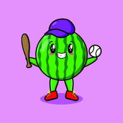 Cute cartoon watermelon character playing baseball in modern style design 