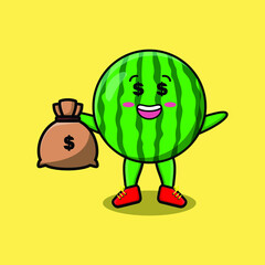 Cute cartoon Crazy rich watermelon with money bag shaped funny in modern design