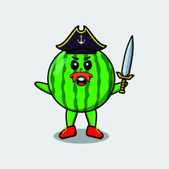 Cute cartoon mascot character watermelon pirate with hat and holding sword in modern design