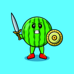 Cute cartoon character Watermelon holding sword and shield