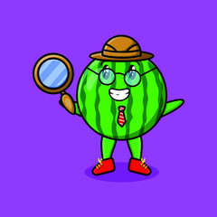 Naklejka premium Cute cartoon character Watermelon detective is searching with magnifying glass and cute style design 