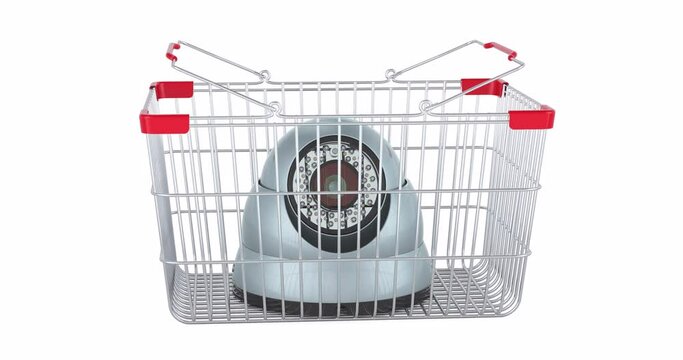 Dome security camera adding to shopping basket, 3d animation. 3D rendering isolated on white background