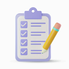 modern 3d checklist icon vector illustration, survey document with pencil 