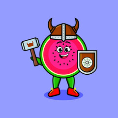 Cute cartoon character Watermelon viking pirate with hat and holding hammer and shield in cute style design 