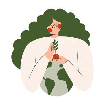 Mother Earth planet Day or protect globe environment nature. Environmental protection. Saving the planet, female character protect our earth. Go green concept. Flat vector cartoon illustration