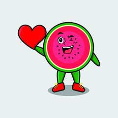 Cute cartoon watermelon character holding big red heart in modern style design