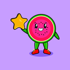 Cute cartoon watermelon character holding big golden star in cute modern style design 