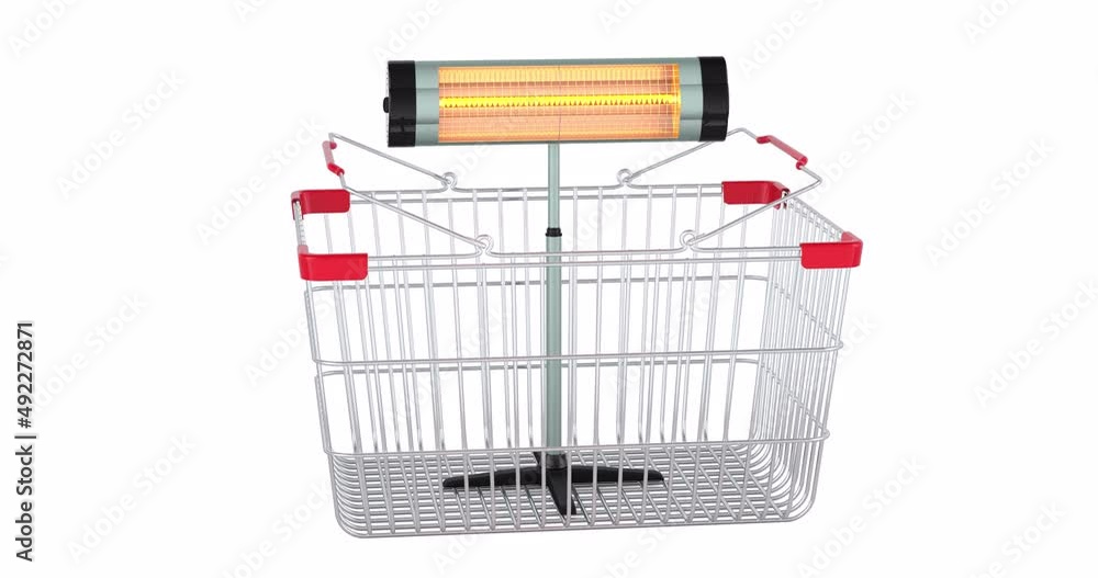 Poster halogen or infrared heater adding to shopping basket, 3d animation. 3d rendering isolated on white b