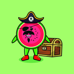 Cute cartoon character Watermelon pirate with treasure box in modern style design