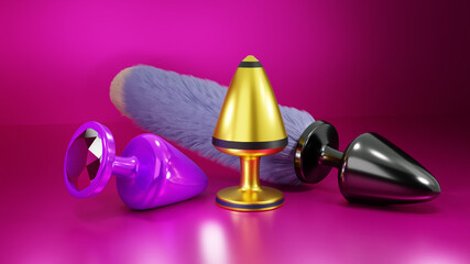 Anal plug sexy device three kinds one with golden and black color, another light purple, last one with fur and black color. isolated on purple background.