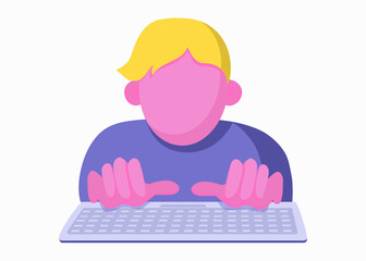 The man works for the computer. Hands and Keyboard. Vector flat illustration. Icon, sign. 