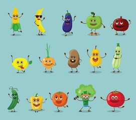 Naklejka premium Vector collection of cute fruits. Funny fruit characters isolated on white background, Cute and funny fruit set