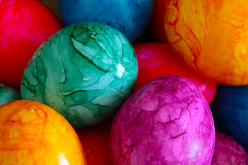 Top view of the colorful beautiful Easter eggs.