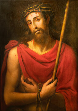 VALENCIA, SPAIN - FEBRUAR 14, 2022: The painting tortured Jesus - "Ecce Homo" in the Cathedral - Basilica of the Assumption of Our Lady by Mariano Salvador Maella (1806).