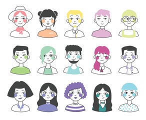 Big set of people avatars for social media, website. Doodle portraits fashionable girls and guys. Trendy hand drawn icons collection.