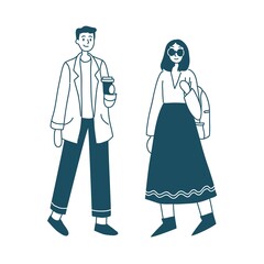 beautiful young woman and man in casual street fashion. Young couple. Cartoon illustration.