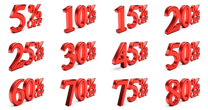 Collection of discounts with numbers and percent off isolated on white. Set of red mumber with percentage sign