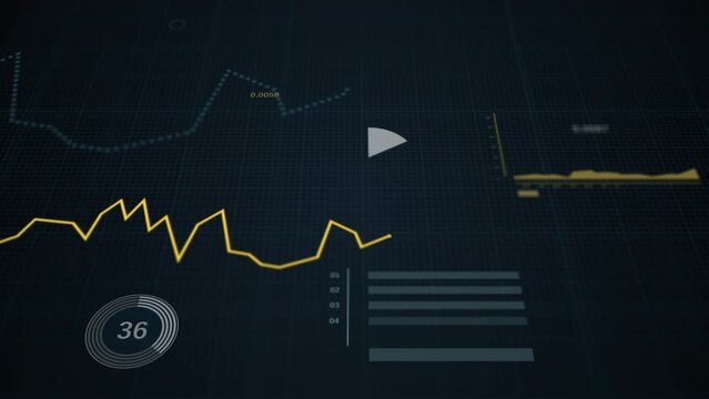Financial business diagram with charts and stock numbers showing profits and losses over time dynamically, a finance 4K 3D animation Dark Blue.