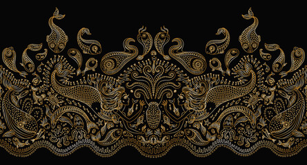 Vector Seamless gold border pattern. Fantasy mermaid, octopus, fish, sea animals golden contour thin line drawing with ornaments on a black background - obrazy, fototapety, plakaty