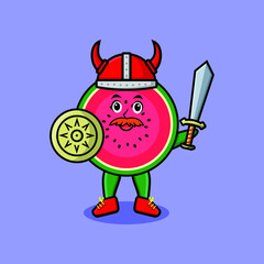 Cute cartoon character Watermelon viking pirate with hat and holding sword and shield in cute modern style design