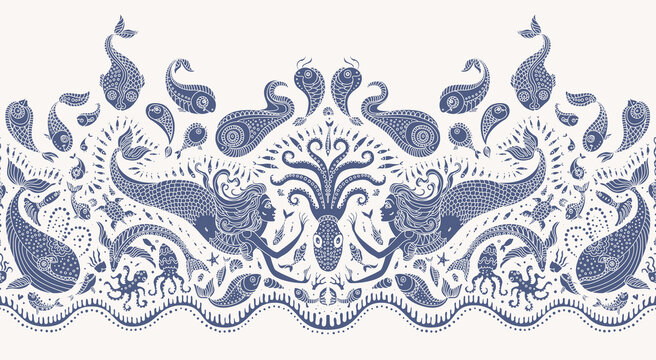 Vector Seamless border pattern. Fantasy mermaid, octopus, fish, sea animals blue silhouette thin line drawing with ornaments on a beige background