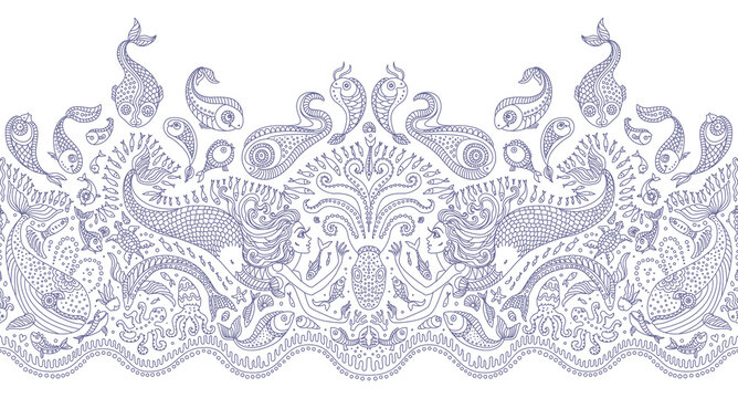 Vector Seamless border pattern. Fantasy mermaid, octopus, fish, sea animals dark blue contour thin line drawing with ornaments on a beige background. Adults and children Coloring book page