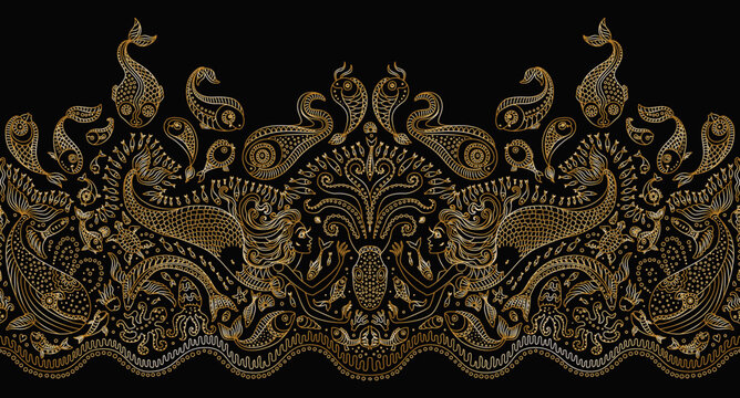 Vector Seamless gold border pattern. Fantasy mermaid, octopus, fish, sea animals golden contour thin line drawing with ornaments on a black background