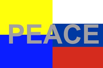 Fahne Ukraine und Russland mit Peace Schrift als Illustration für Versöhnung