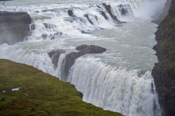 Picturesque full of water big waterfall Gullfoss autumn view, southwest Iceland.