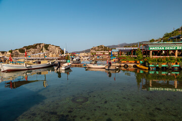 The village of Kalekoy in the centre near Kekova island in the Antalya Province of Turkey