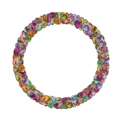 3D illustrations. Narrow smooth decorative wreath made of many small coloured Easter eggs. Easter wreath made of carved colourful eggs.