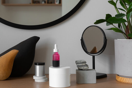 different cosmetics products, cream and serum, moisturiser and exfoliating acid are on the makeup table, small mirror, green plant in concrete pot, stylish design of beauty treatment products