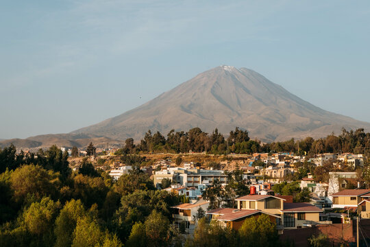 View of Misti volcano during the evening hours with the city of Arequipa in the foreground (Arequipa, Peru, South America)