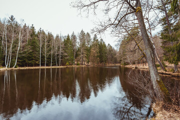 Late autumn landscape. Cloudy weather on lake in czech mountains